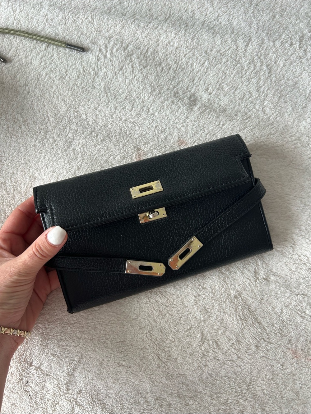 Black Leather Envelope Crossbody Clutch with Silver Hardware